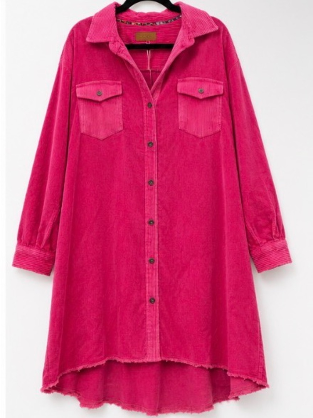 Umgee Sample Hot Pink Corduroy High Low Shirt Dress Shacket Raw Hem